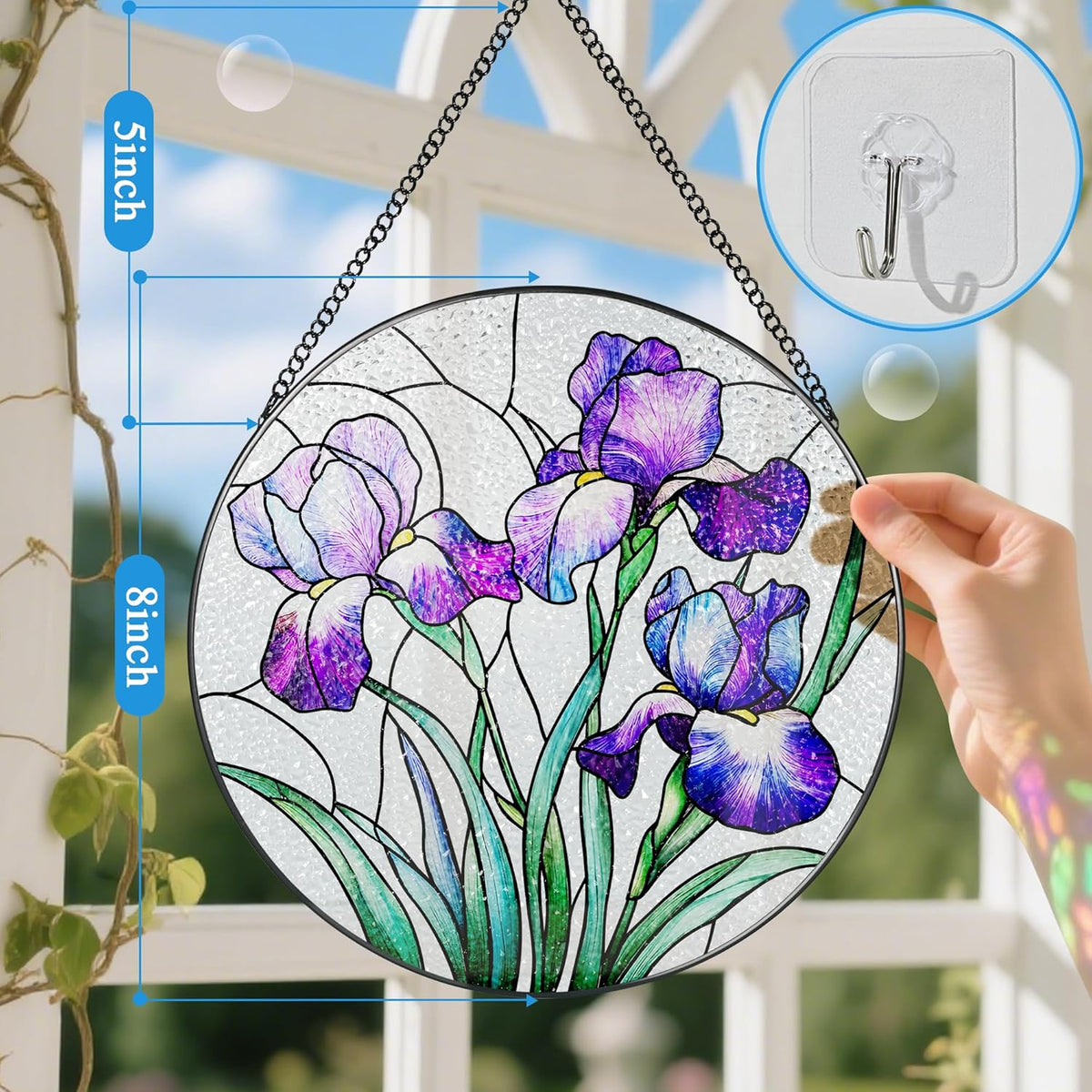Stained Glass Window Hanging, 8 Inch Purple Irises Stained Glass Suncatcher, Flower Sun Catchers