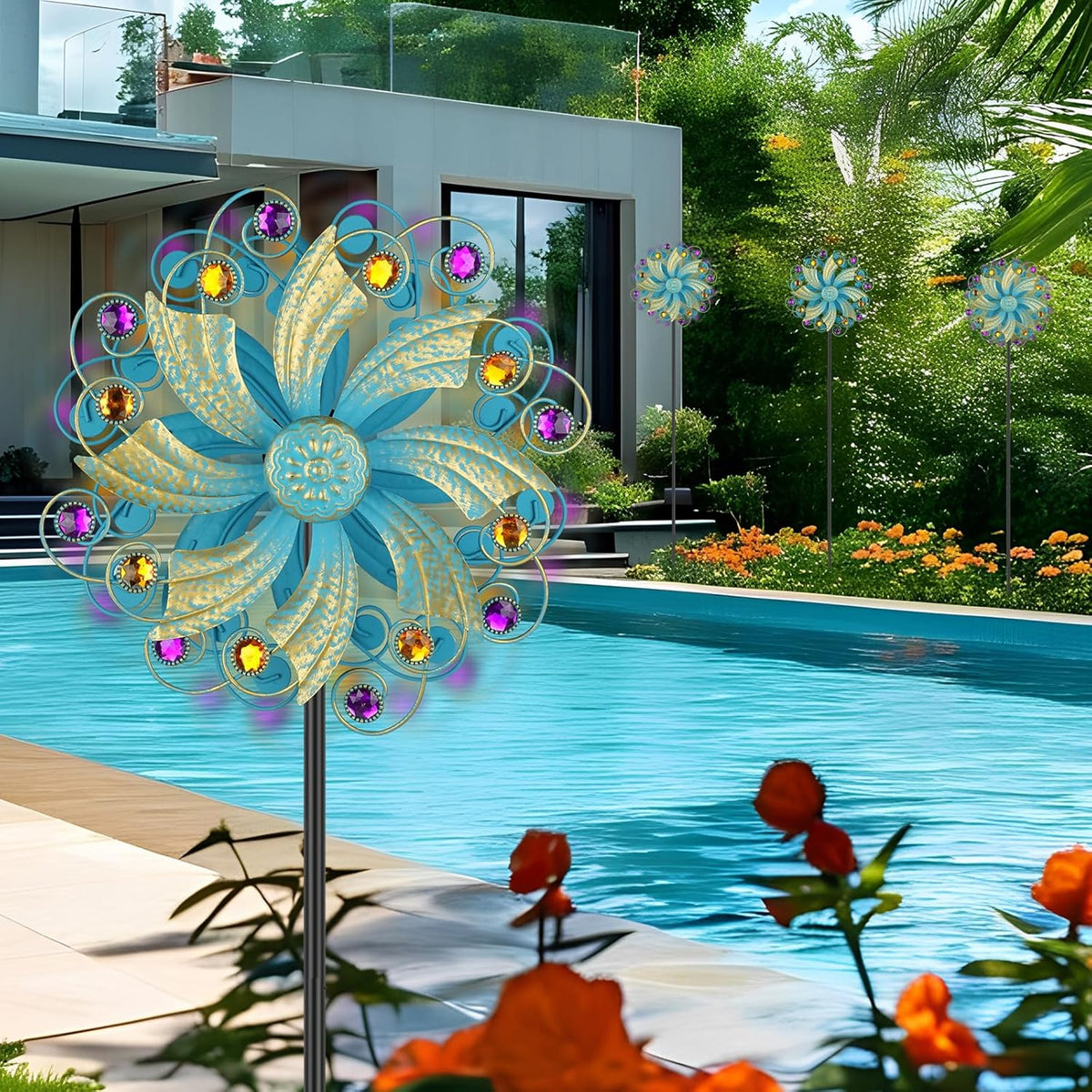 Metal Wind Spinners Outdoor, Golden Kinetic Wind Sculpture Garden Pinwheels with Metal Stake, Yard