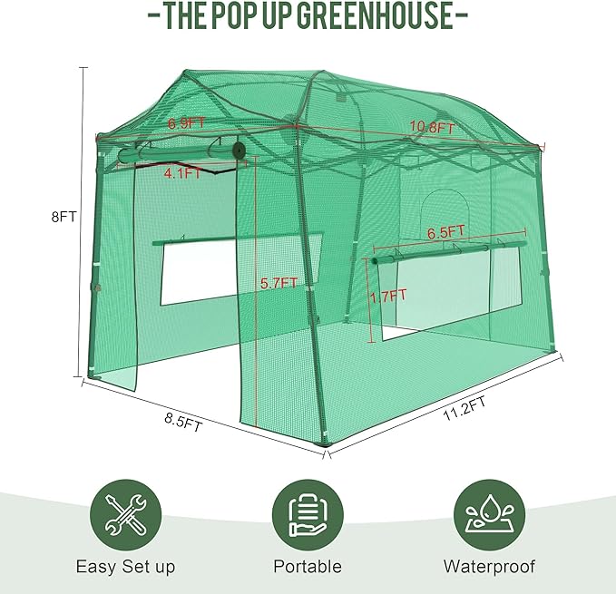 11 x 8.5 FT Walk-in Greenhouse, Portable Pop-up Green House 3 Adjustable Hights Heavy Duty Plant