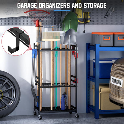 DAOUTIME Garden Organizer With Wheels, Yard Tower Rack for Garage Storage, Up to 35 Long-Handled