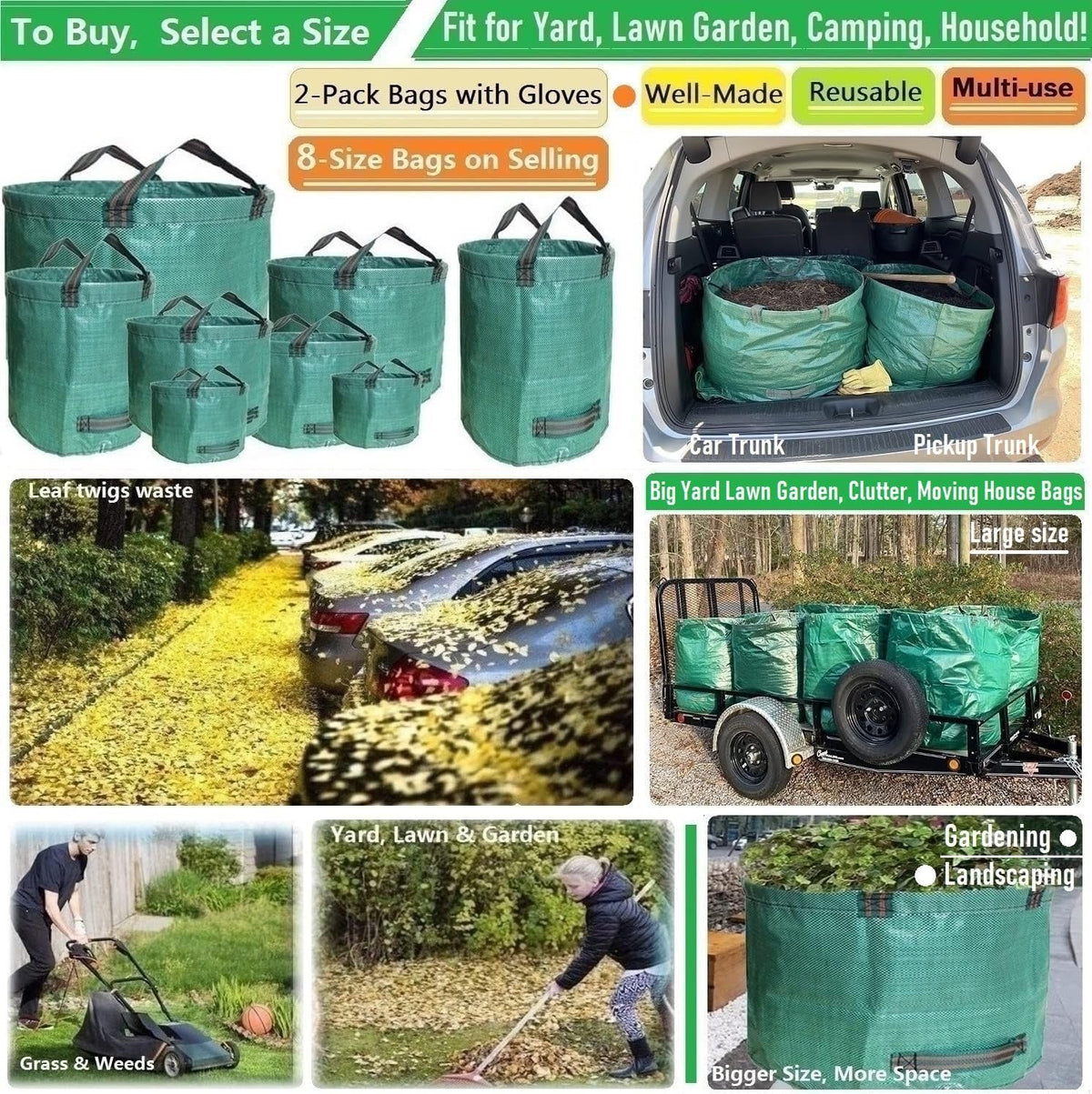 Professional 2-Pack 106 Gallon Large Lawn Garden Bags (D31, H31 in) Yard Waste Bags with Gardening