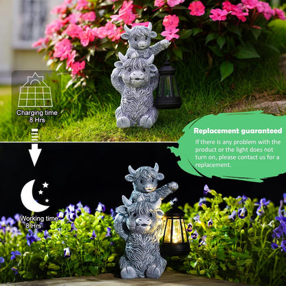 Solar Highland Cow Garden Decor - Resin Cow Statue with Solar Lantern Outdoor Yard Patio Decor