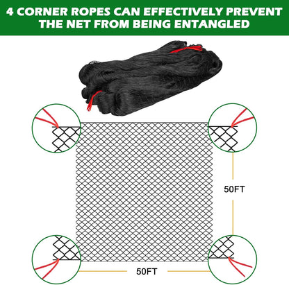50'x50' with 2" Mesh Bird Netting for Chicken Coop with Bird Scare Tape, Hawk Nettings for Chicken