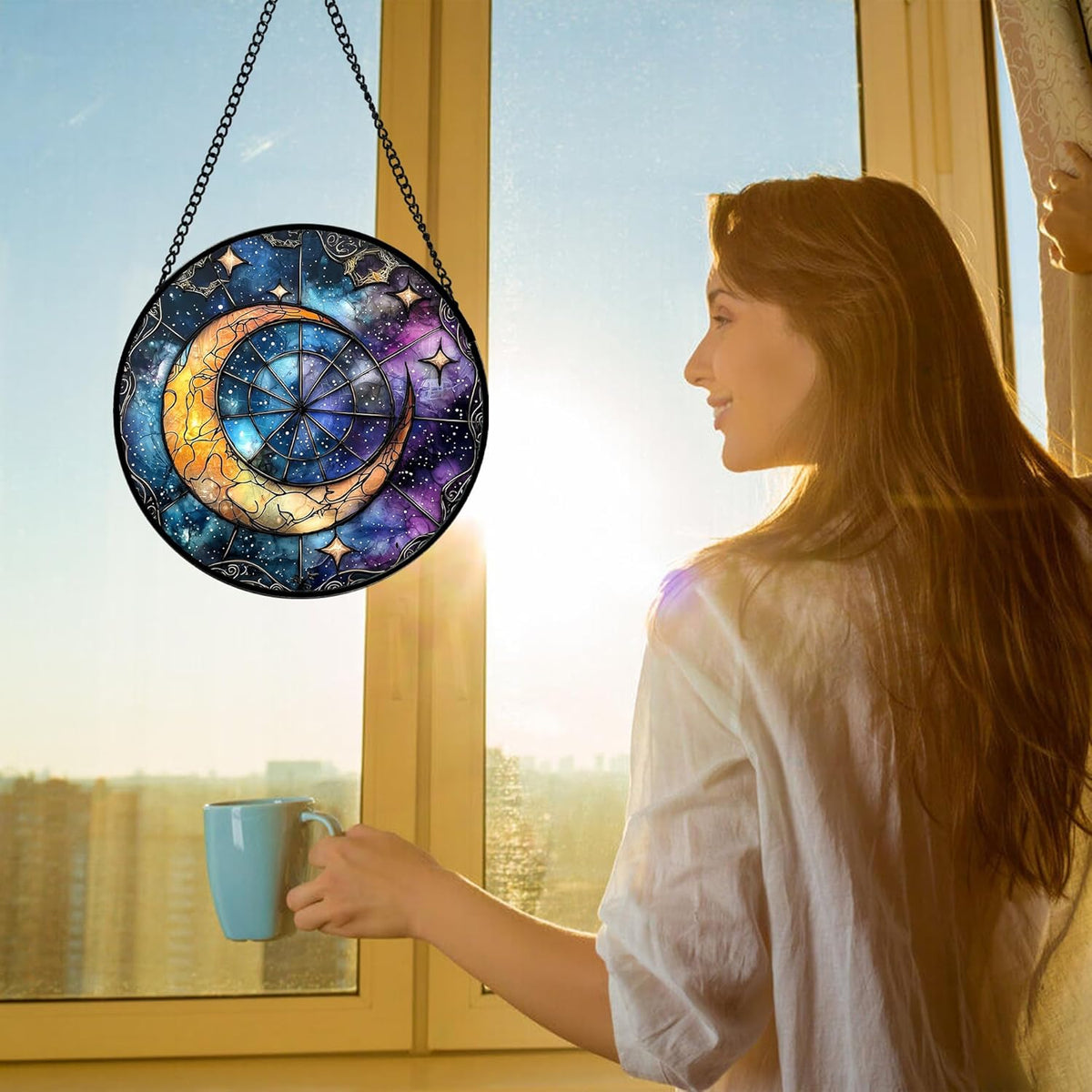 Stained Glass Window Hanging, Blue Starry Sky Moon Astrolabe Suncatcher for Doors Home Sun Catchers