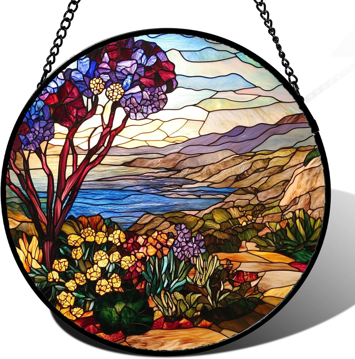 Stained Glass Window Hanging Retro Wildflowers Lake Mountain Scenery 9.8" - Suncatcher Door Garden