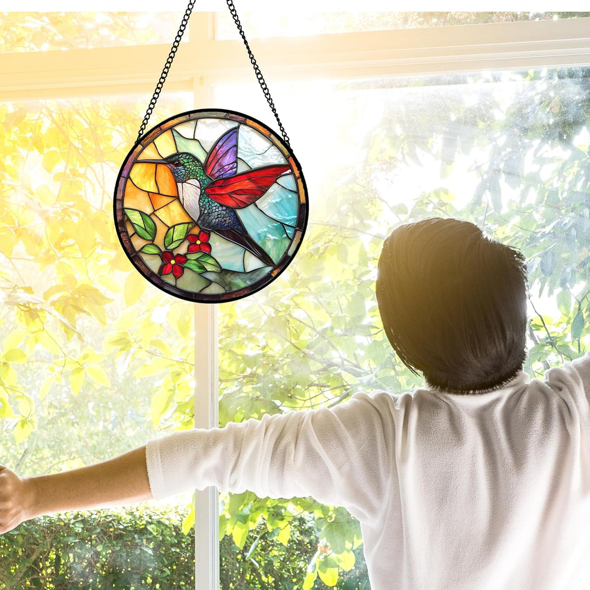 Stained Glass Window Hanging, Hummingbird Gifts Sun Catchers Diamond Glass Panel Hangings Birds