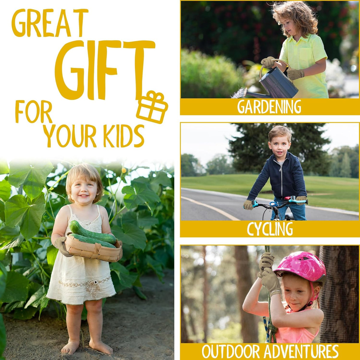HANDLANDY Kids Genuine Leather Work Gloves for ages 3-11, Children Gardening Gloves for Boys, Girls