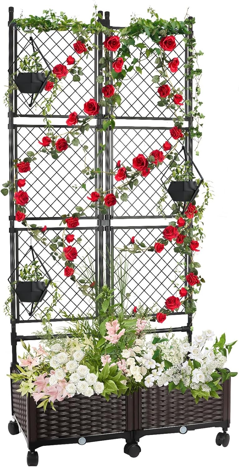 Kalolary 170CM Raised Garden Bed with Metal Trellis, Large Plastic Planter Box with Drainage Hole