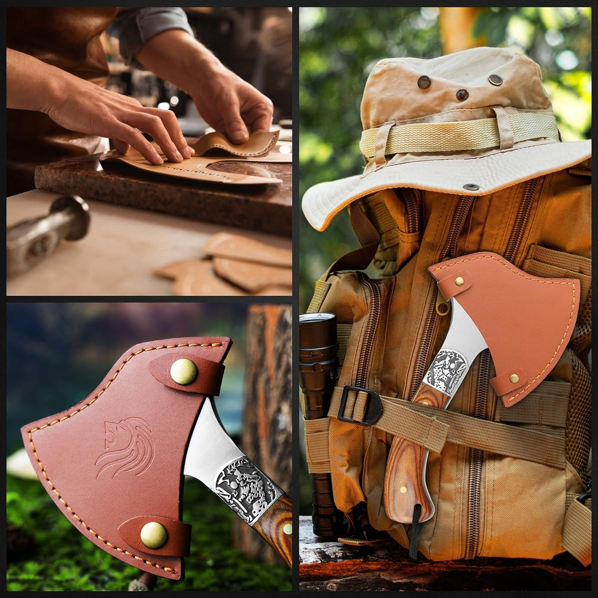 NedFoss Warthog Camping Axe, 9" Full Tang Small Axe with Leather Sheath, Survival Hatchet with Wood
