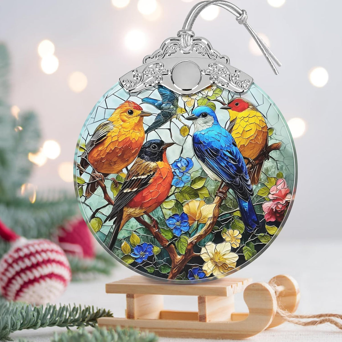 Birds on Branches Stained Glass Orament - Christmas Ornament - Christmas Decorations for Tree