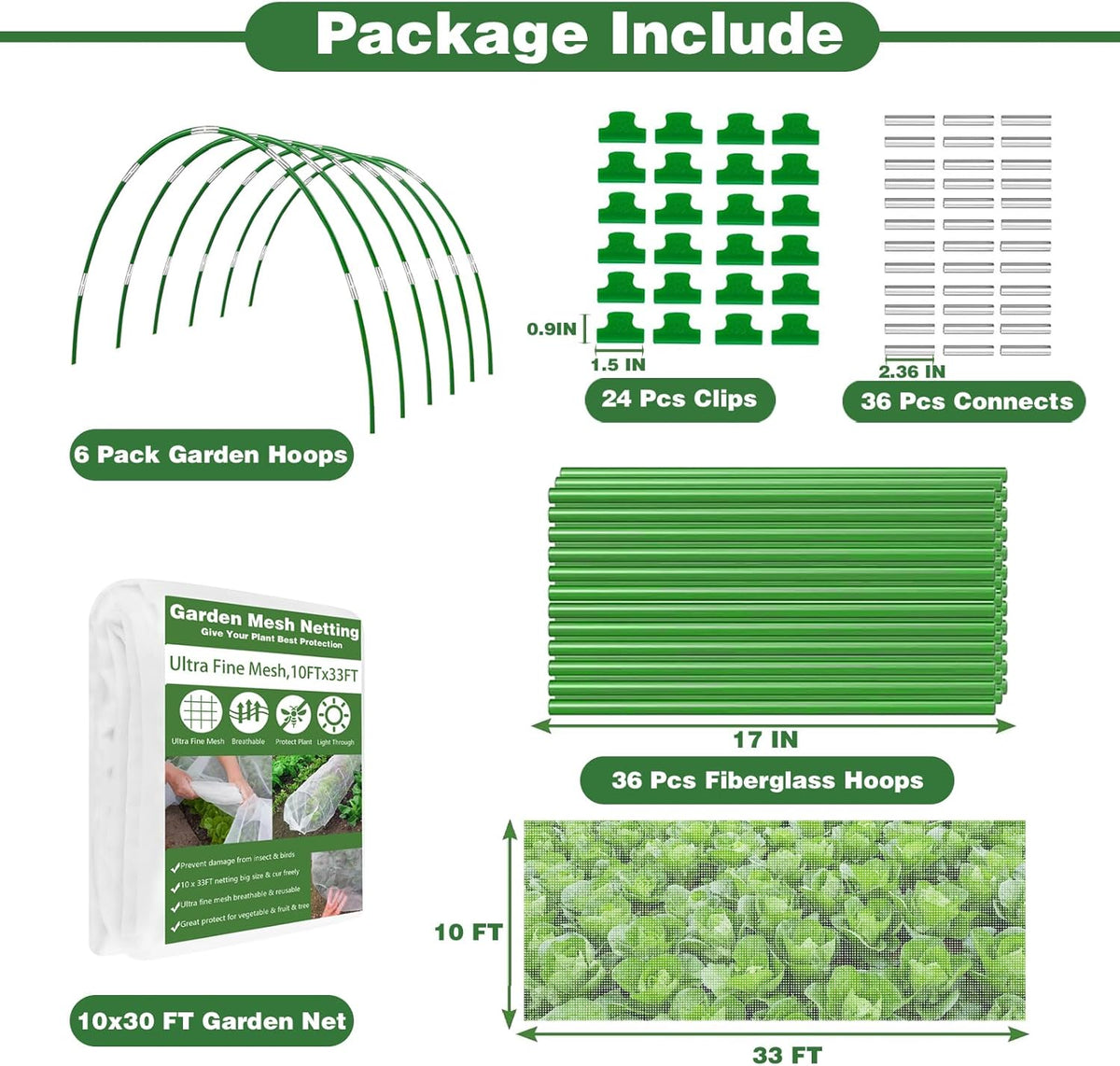 Garden Mesh Netting Kit, 10x33FT Ultra Fine Mesh Netting with 6 Sets Fiberglass Garden Hoops & 24