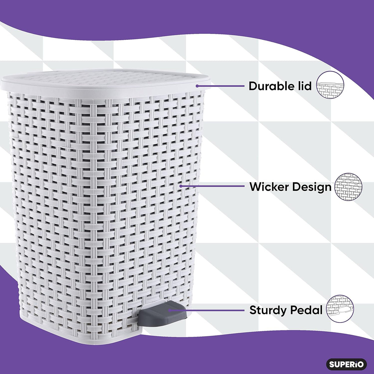 Superio Small Outdoor Trash Can with Lid for Dog Poop 6.8 Gallon/26 L Step On Plastic Garbage Can