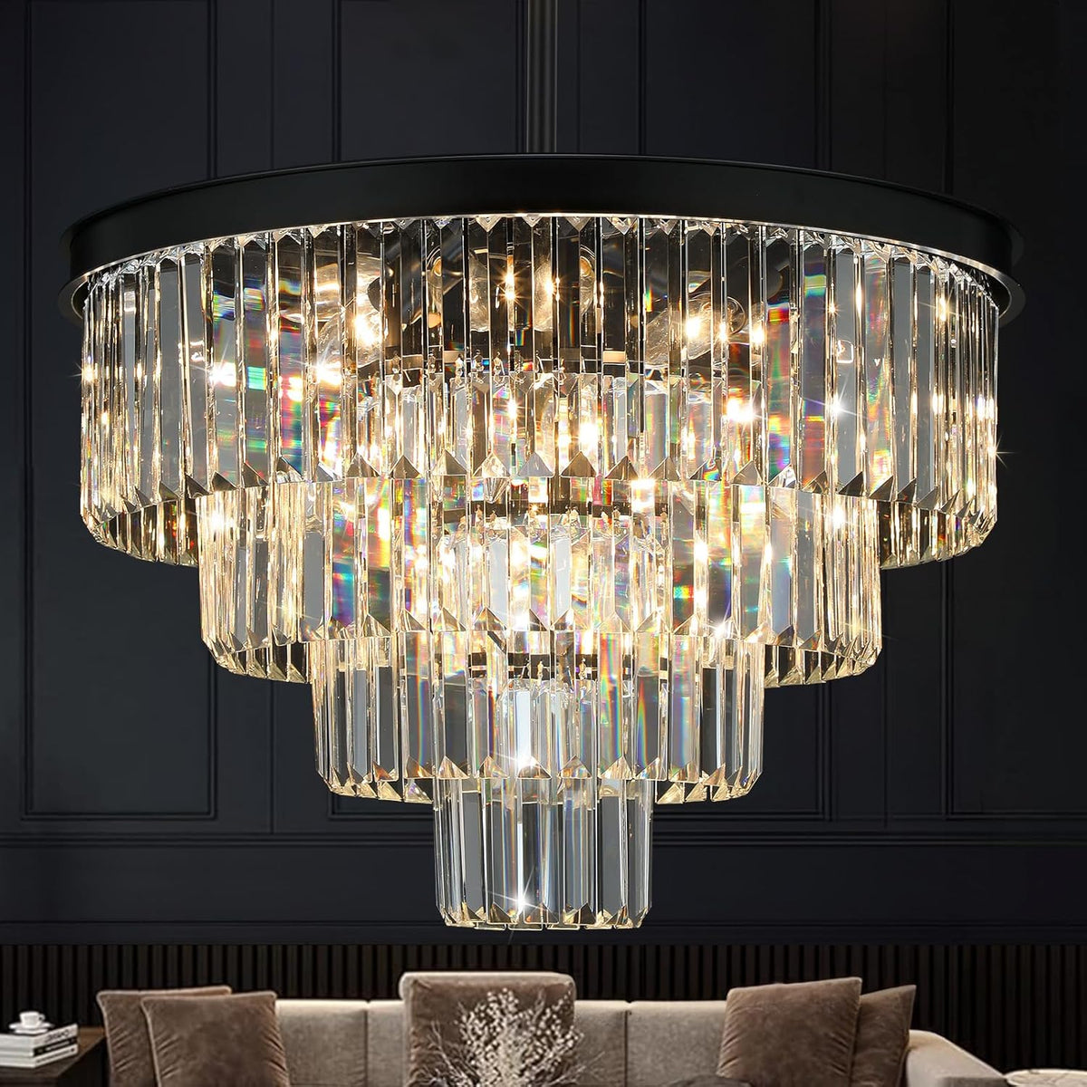Crystal Chandeliers for Dining Room Lights Fixture Over Table, 15 Lights Black Modern Chandeliers