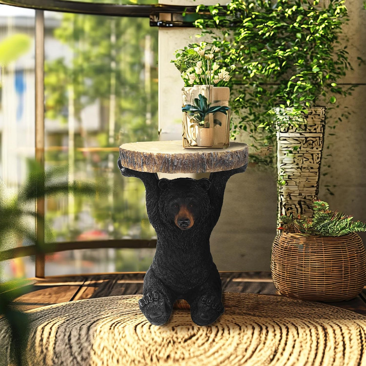 American Black Bear Side Table Pedestal End Table Stool Resin Bear Statue Hand Painted Sculpture