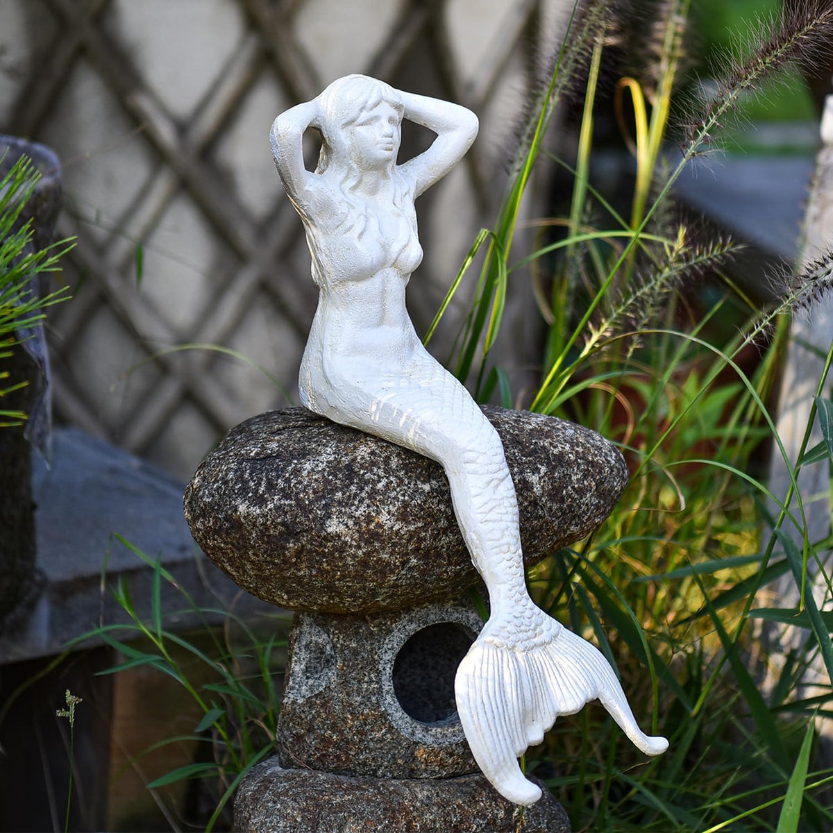 Sungmor 14.3" Tall Large Cast Iron Mermaid Statue, Sitting Mermaid Sculpture Decoration for Pool