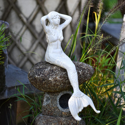 Sungmor 14.3" Tall Large Cast Iron Mermaid Statue, Sitting Mermaid Sculpture Decoration for Pool
