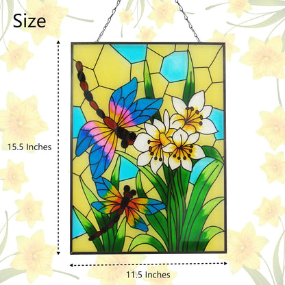Stained Glass Window Hanging, Dragonfly Glass Art Decor, Sun Catchers Indoor Window, Rectangle