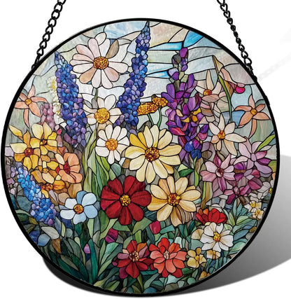 Colorful Wildflowers Suncatcher -7.9 in Stained Glass Window Hanging Sun Catcher Garden Decor