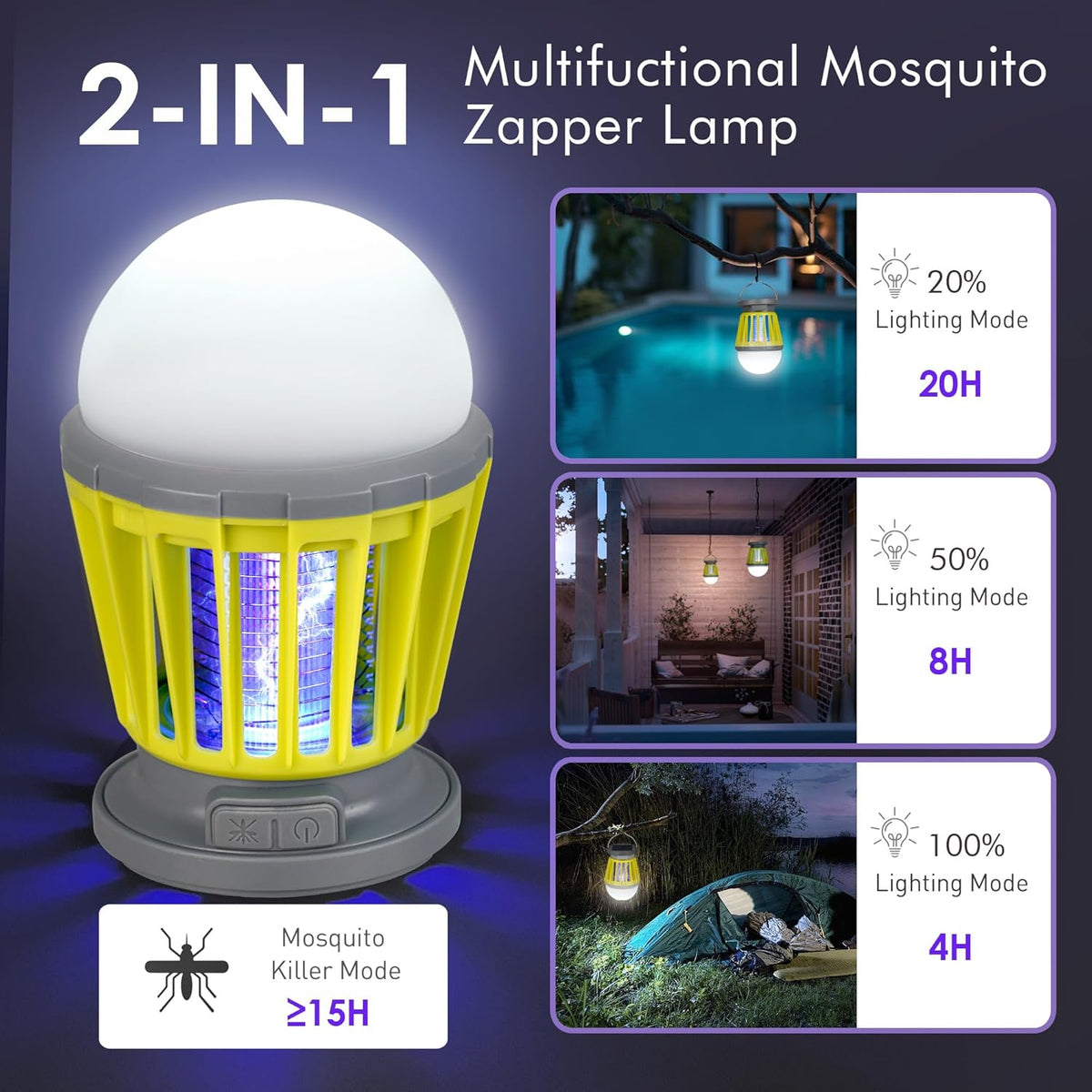 Solar Bug Zapper Outdoor Waterproof, Portable Mosquito Zapper, 2-in-1 Cordless & Rechargeable Bug