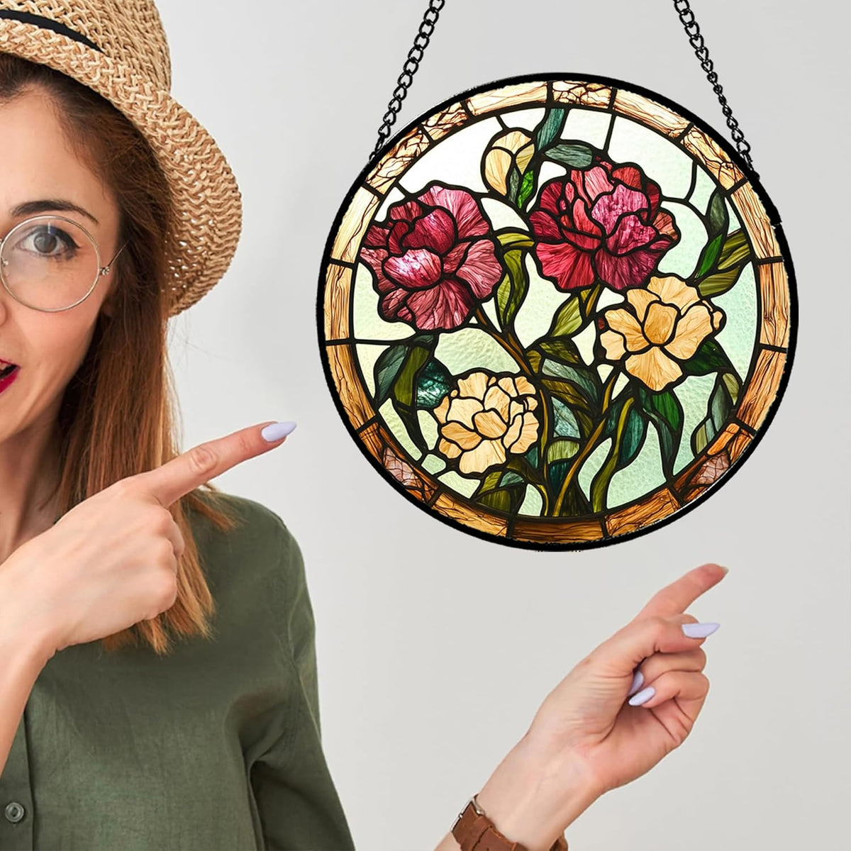 Stained Glass Window Hanging - Birth Flower Carnation Suncatcher for Doors Garden Yard Red Yellow