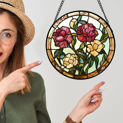 Stained Glass Window Hanging - Birth Flower Carnation Suncatcher for Doors Garden Yard Red Yellow