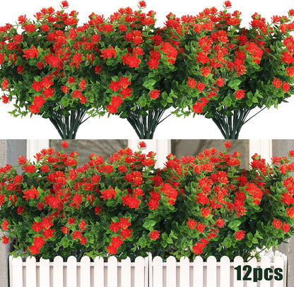 RECUTMS 12 Bundles Artificial Fake Flowers, Faux Outdoor Plastic Plants UV Resistant Shrubs Outside