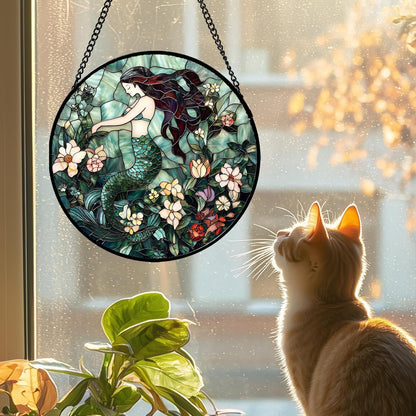 Stained Glass Window Hanging - Teal Sleeping Mermaid Suncatcher for Door Terrace Garden Home Decor