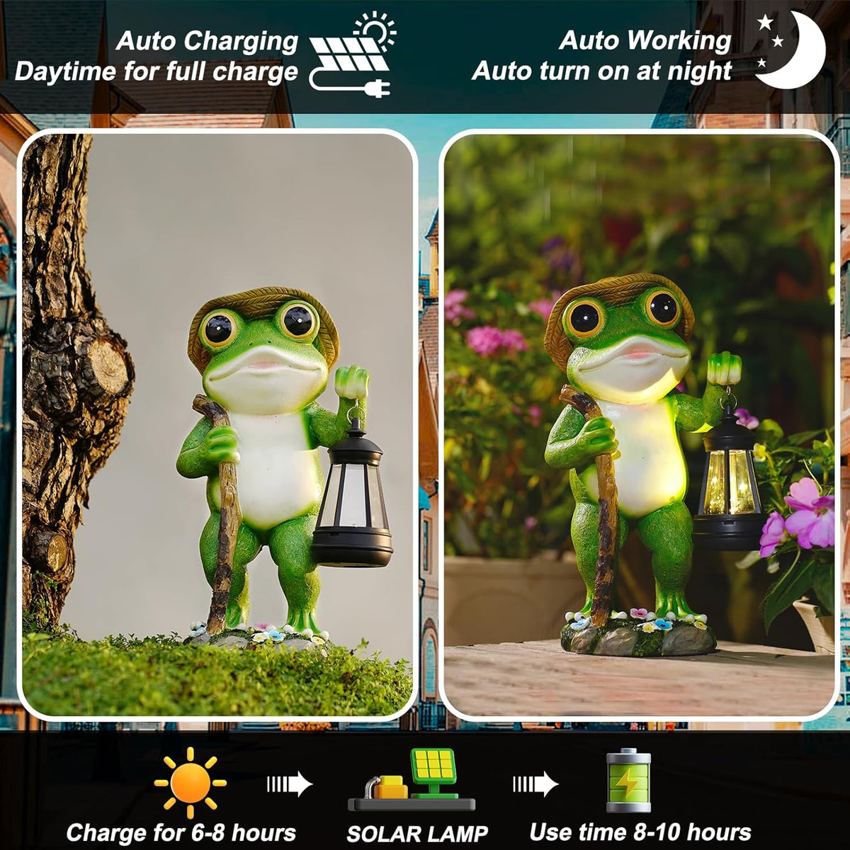 Solar Frog Garden Decor with Lantern Outdoor Statue for Patio Pathway Frog Figurine for Yard