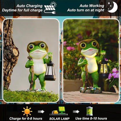 Solar Frog Garden Decor with Lantern Outdoor Statue for Patio Pathway Frog Figurine for Yard