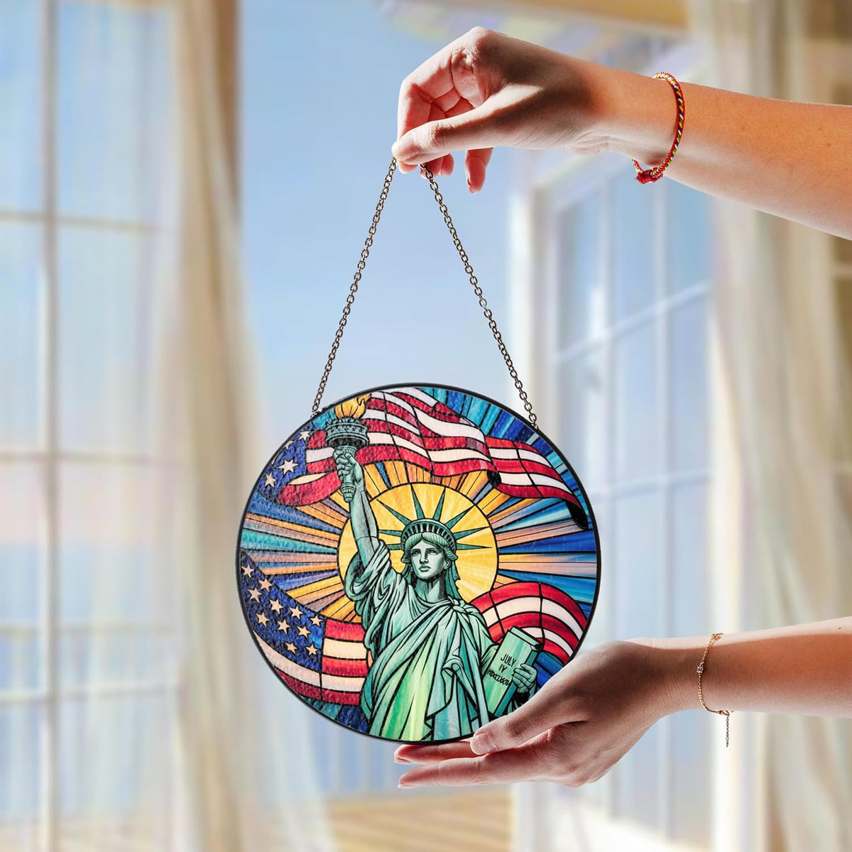 7.8"Patriotic Statue of Liberty Stained Glass Suncatcher, Red White Blue Window Hanging, 4th of