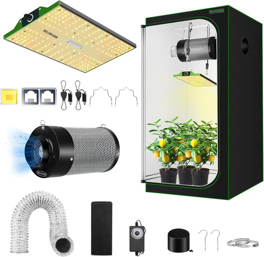 MELONFARM Grow Tent Complete Setup 2x2, 70W Full Spectrum LED Grow Light & 24"x24"x48" Grow Tent