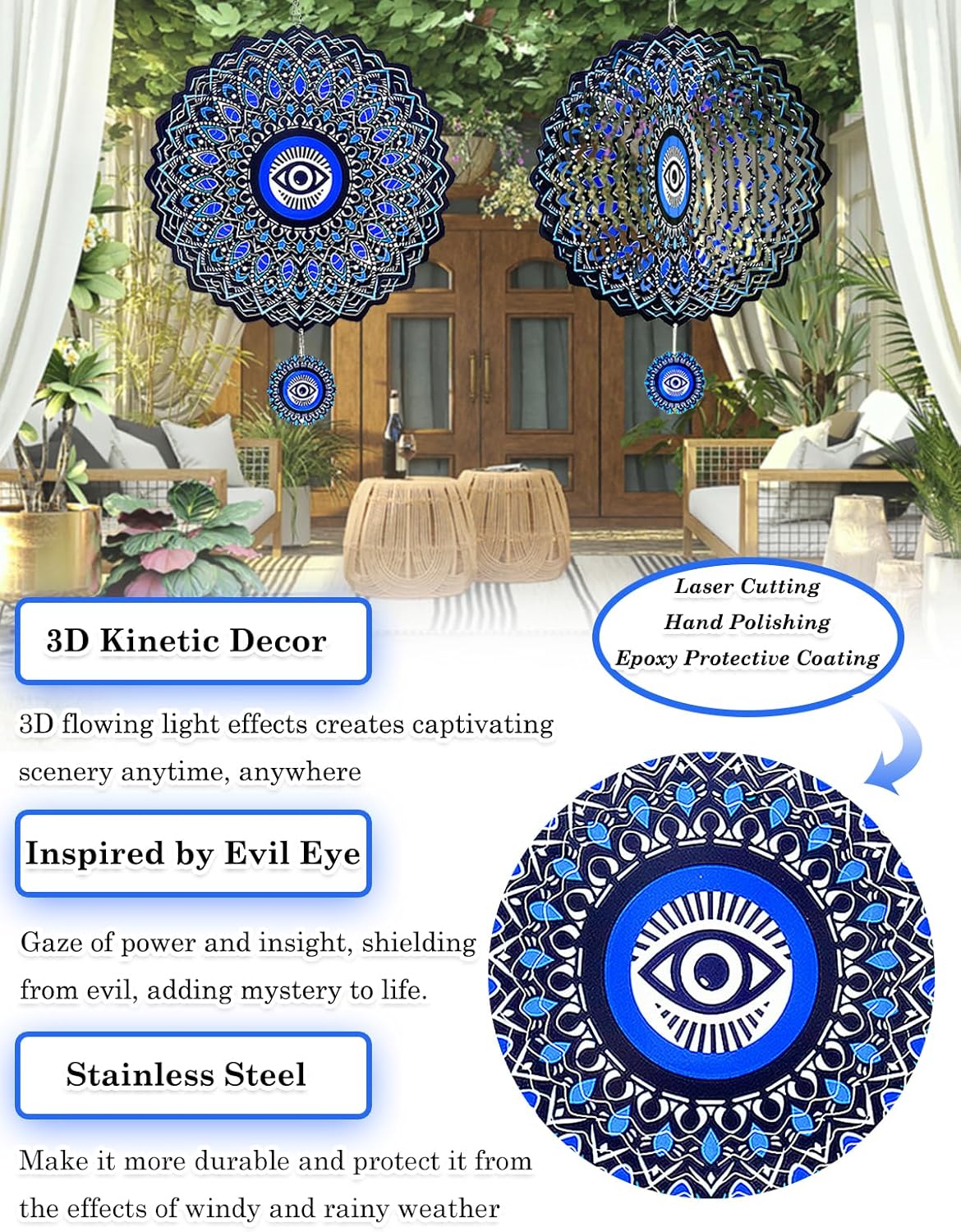 Evil Eye Wind Spinner-3D Metal Hanging Wind Spinners, Perfect Ornament Gifts for Women/Men, 12 Inch