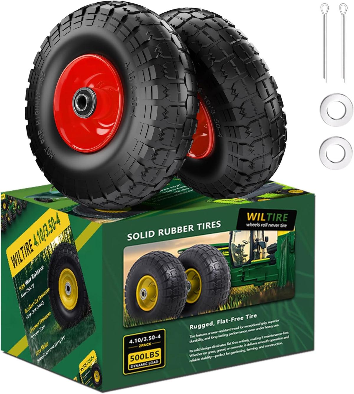(2 Pack) 4.10/3.50-4 Flat Free Tire and Wheel 10-Inch Solid Wheel Replacement with 5/8