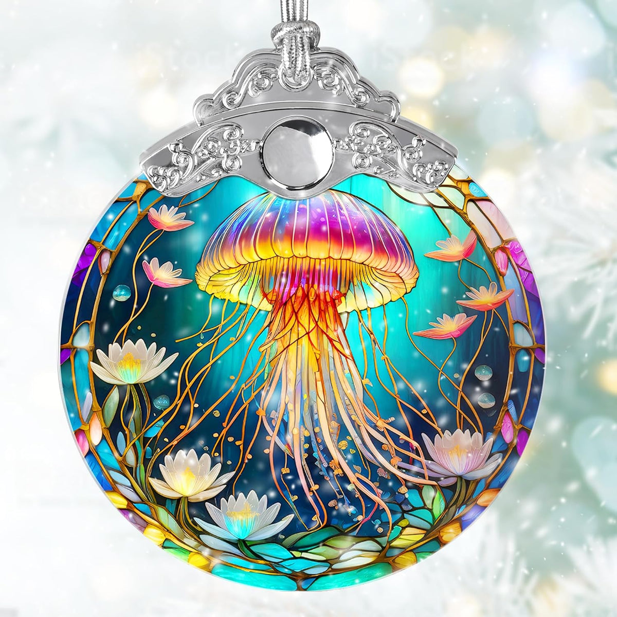 Stained Glass Suncatcher, Jellyfish Ornament for Christmas Tree, Holidays Decor, Home Decoration