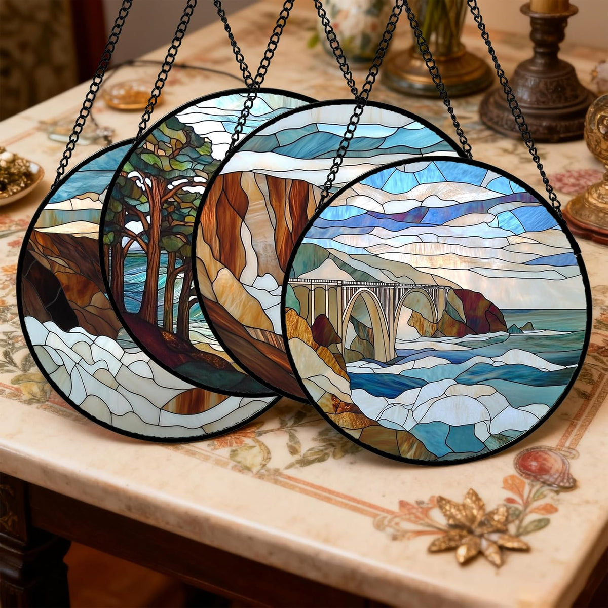 Stained Glass Window Hanging 4 Pcs Set Ocean Waves Large 15" - Blue and White Sea Suncatcher Door