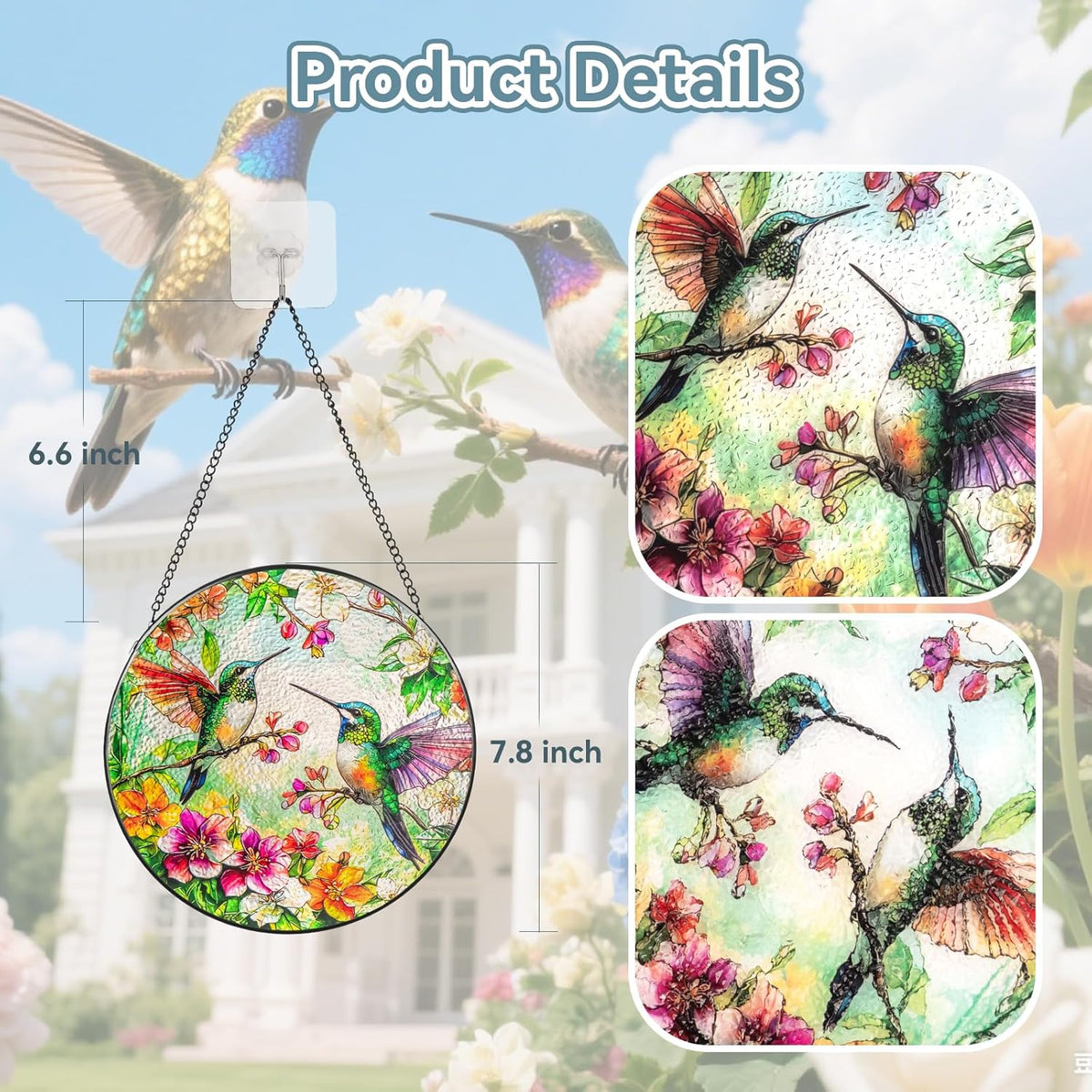 Suncatcher Stained Glass Window Hanging - Hummingbird Glass Panel with Metal Chain and Hooks
