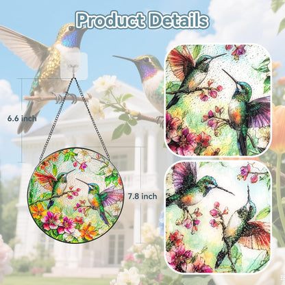 Suncatcher Stained Glass Window Hanging - Hummingbird Glass Panel with Metal Chain and Hooks