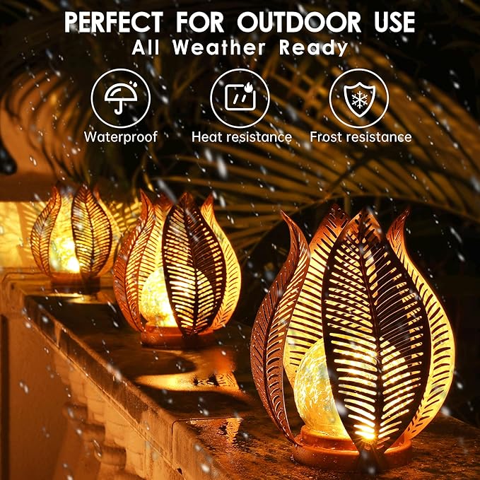 Solar Outdoor Lights Garden Decor Waterproof Crackle Glass Globe,Metal Yard Art Outdoor Solar