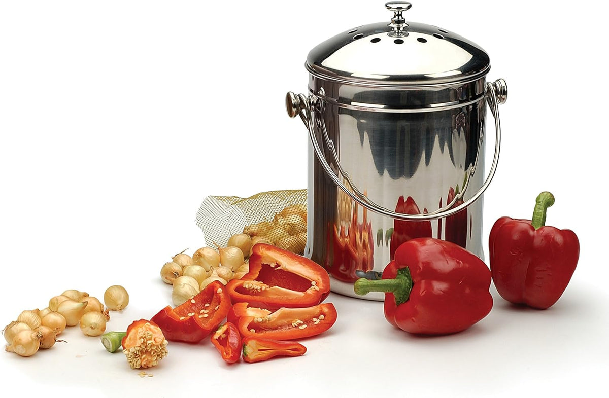RSVP International Kitchen Collection Compost Pail, Dishwasher Safe, 1 Gallon Capacity, Stainless