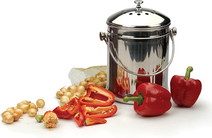 RSVP International Kitchen Collection Compost Pail, Dishwasher Safe, 1 Gallon Capacity, Stainless