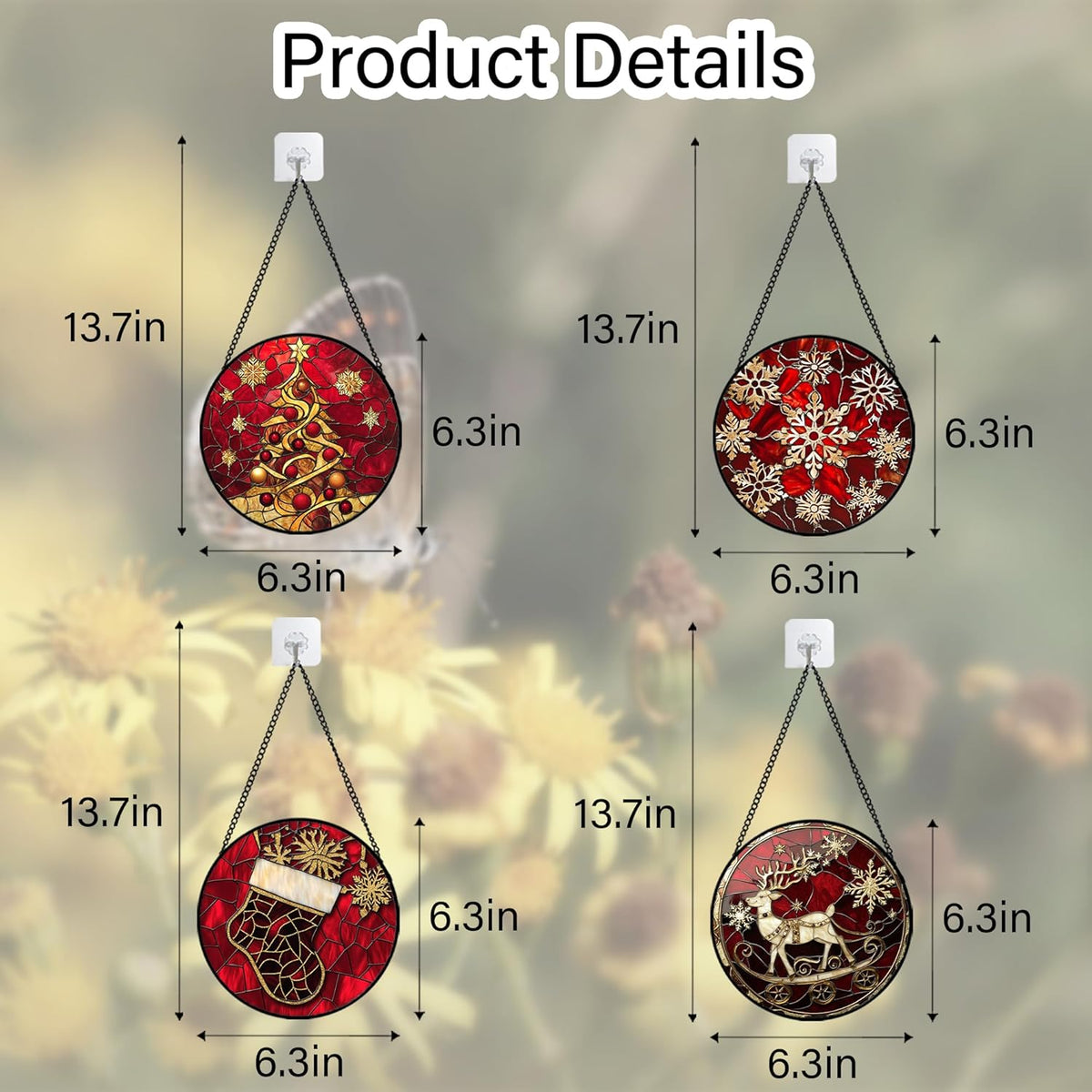 Stained Glass Window Hanging 4 Pcs Set Red Christmas Elk Snowflakes 6.3" - Deer Suncatcher Door