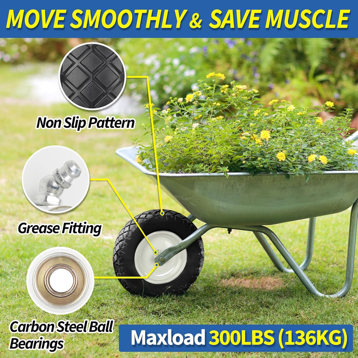 4.80/4.00-8" Wheelbarrow Tire, 16" Flat-Free Solid Tire and Wheel, 3-6" Centered Hub, 5/8" & 3/4"