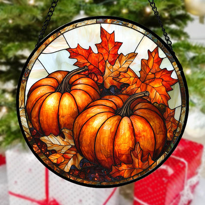 Stained Glass Window Hanging, Pumpkin Maple Leaf Suncatcher for Doors Home Sun Catchers Decoration