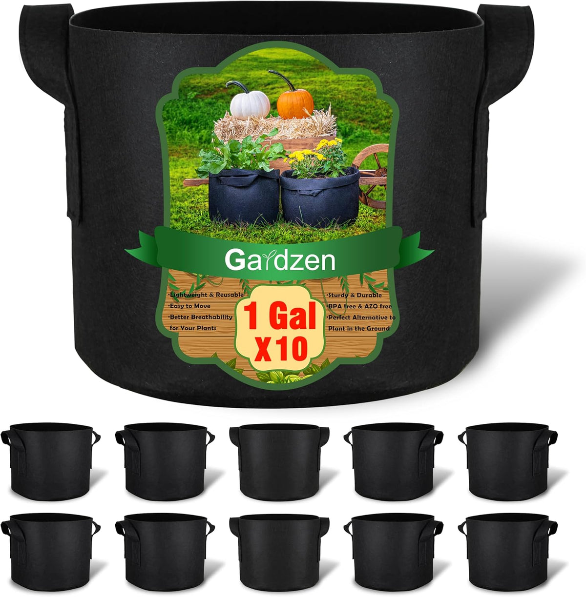 Gardzen 10-Pack 1 Gallon Grow Bags, Aeration Fabric Pots with Handles, Heavy Duty Cloth Pots for