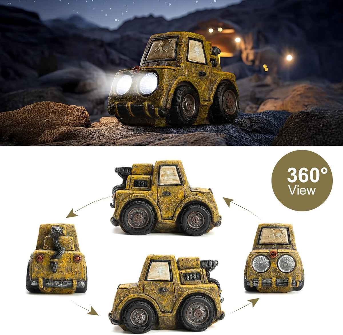 Garden Statue Outdoor Solar Car Decor with LED Light Vintage Resin Sculpture Construction Vehicle