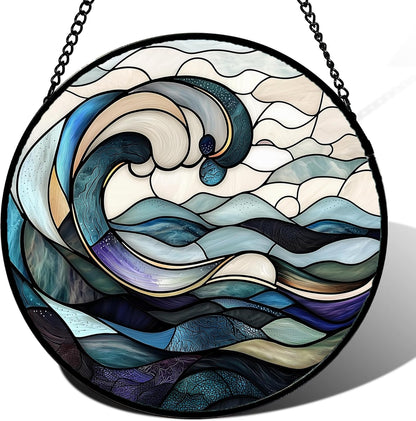 Stained Glass Window Hanging, Ocean Waves Sun Catchers Diamond Glass Panel Hangings Abstract