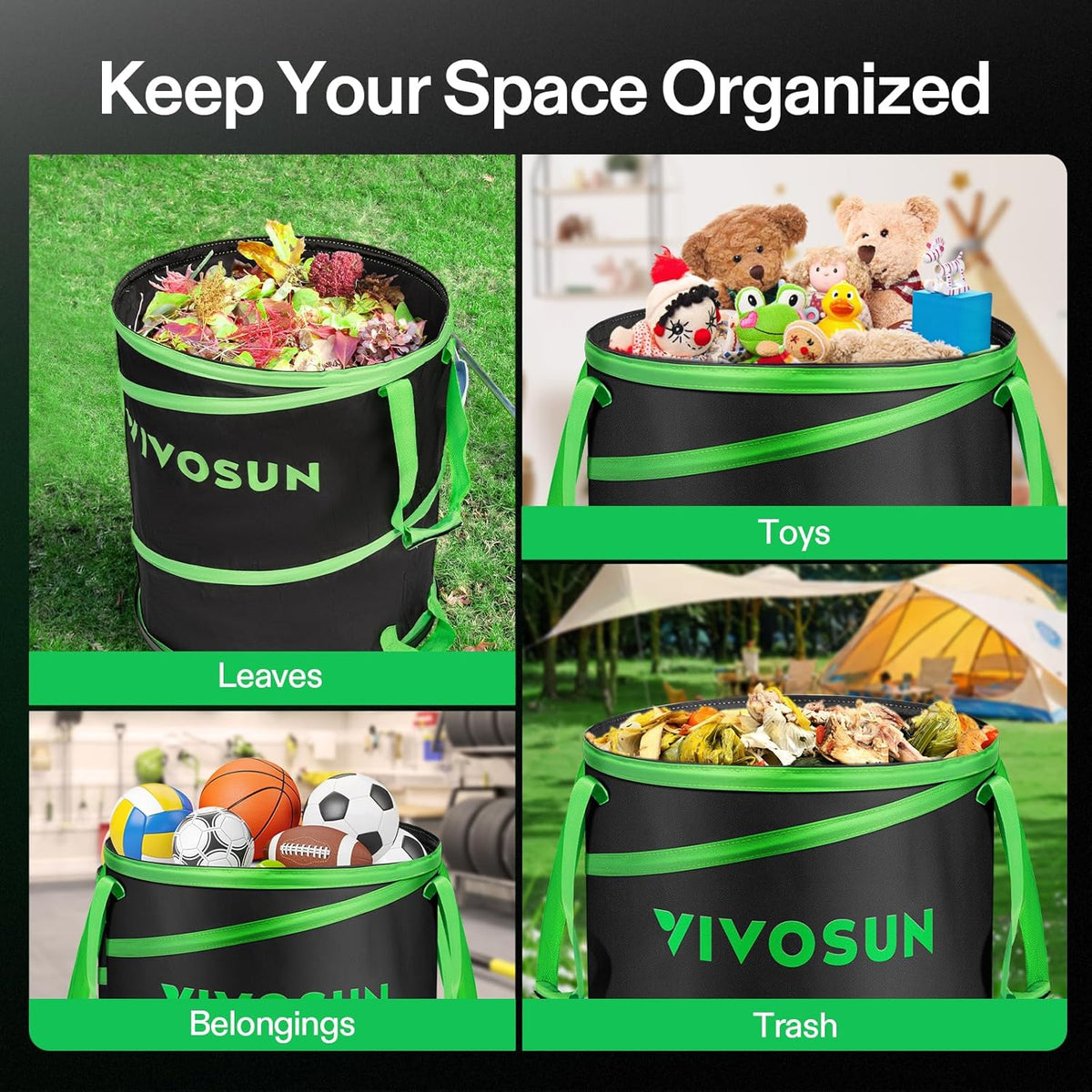 VIVOSUN 47-Gallon Collapsible Trash Can, Reusable Pop-Up Garden Bag with Hard-Shell Bottom, Leaf