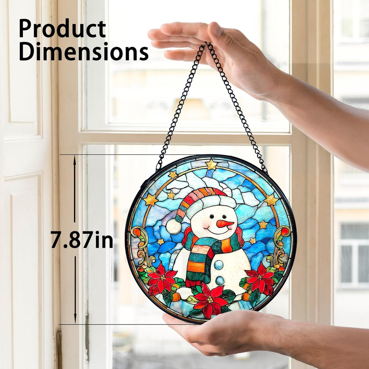 TNUW Snowman Christmas Stained Glass Window Hanging, Snowman Winter Xmas Flowers Sun Catchers