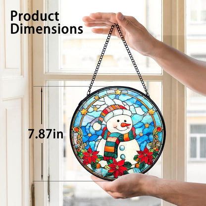 TNUW Snowman Christmas Stained Glass Window Hanging, Snowman Winter Xmas Flowers Sun Catchers