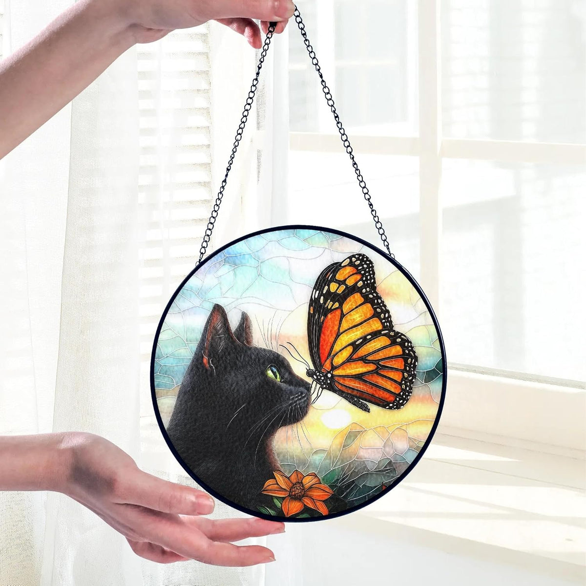 Black Cat Gifts, Cat Memorial Suncatcher Gift for Loss of Cats Butterfly Stained Glass Suncatcher